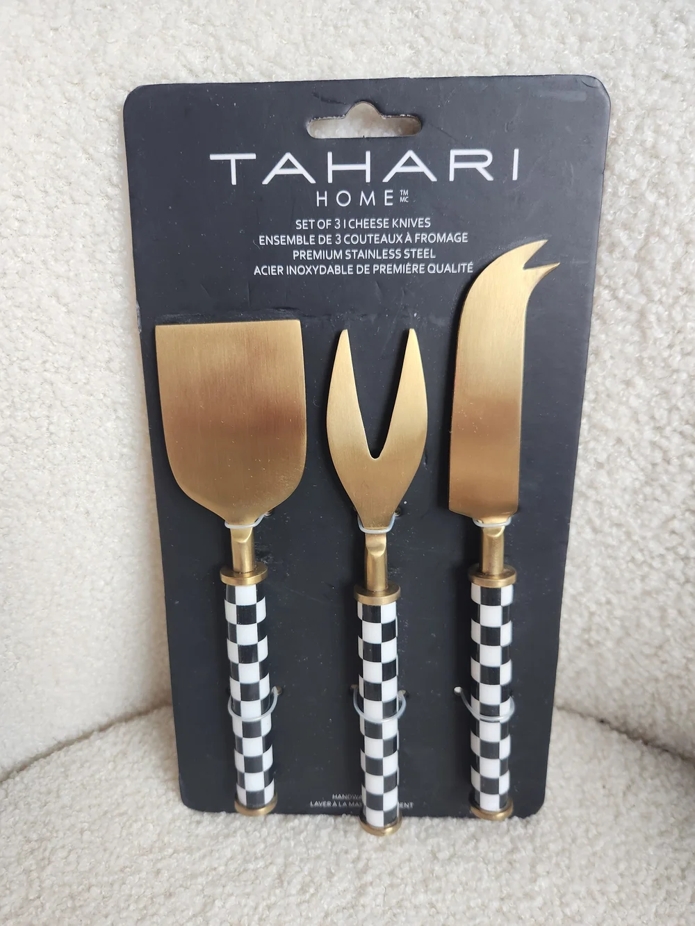 Tahari Gold & Black Check 3-Piece Cheese Knife Set